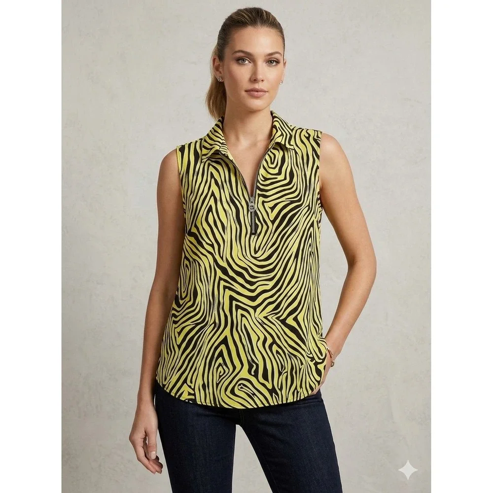 Michael Kors Zebra Print Quarter Zip Sleeveless Blouse Yellow Black XXL Colors